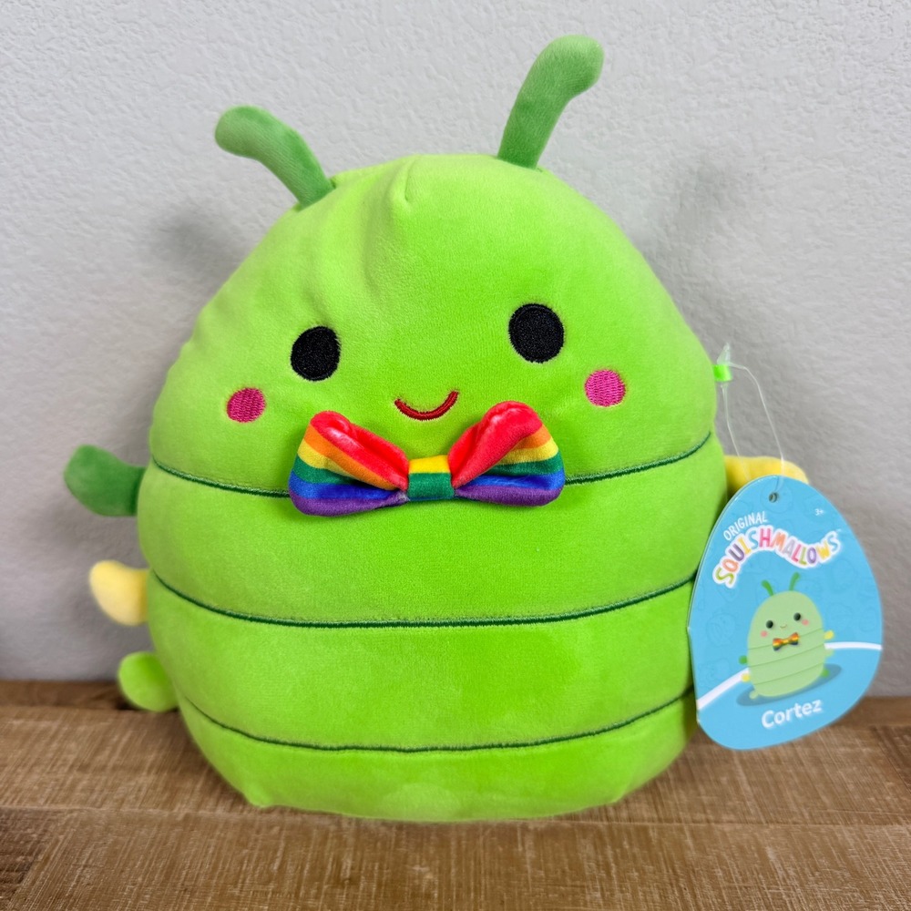 Squishmallows Cortez Caterpillar 8 In Green Rainbow Bow Pride Tie Plush NWT